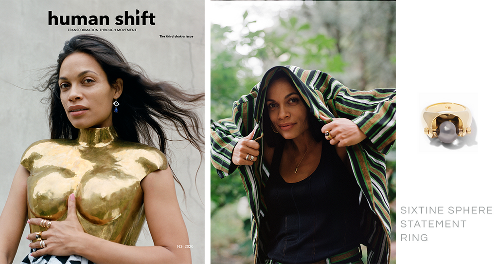 Rosario Dawson cover story in February issue o f Human Shift Magazine. Featuring Via Saviene Sixtine Sphere Statement Ring